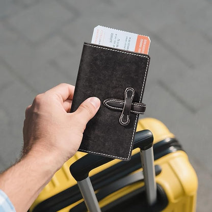 Leather Passport Holder for Travel Women Men, RFID Blocking Card Slot, Top-Grain leather with Magic Buckle, Boarding Pass Pocket,Retro Passport Wallet,Dark Gray