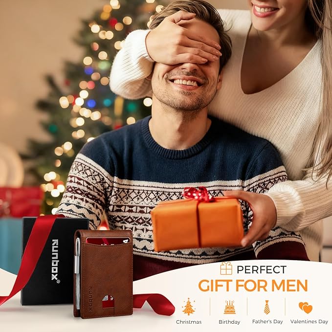 RUNBOX Money Clip Slim Wallets for Men RFID Blocking 11 Card Holder Minimalist Small Leather Bifold Men's Front Pocket Wallet Gift Box