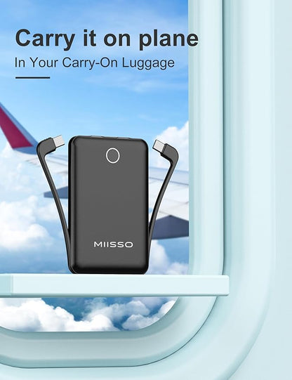 miisso 10000mAh Compatible with iPhone 15/16/17 and Android, Slim Portable Charger with Built in Cable, Power Bank Travel Charger External Battery Pack for Phone, 3 Output USB Type C Cord, Black