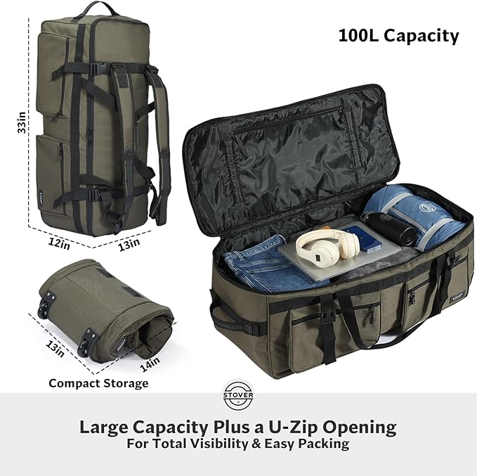 STOVER 100L U-Zip Rolling Duffel Bag with Wheels, X-Large Durable Travel Duffle + Toiletry Bag, Heavy Duty, Lay-Flat Opening, Packable w/Shoulder Straps- Use as Luggage or Backpack, Men/Women (Green)