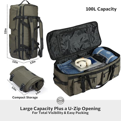 STOVER 100L U-Zip Rolling Duffel Bag with Wheels, X-Large Durable Travel Duffle + Toiletry Bag, Heavy Duty, Lay-Flat Opening, Packable w/Shoulder Straps- Use as Luggage or Backpack, Men/Women (Green)