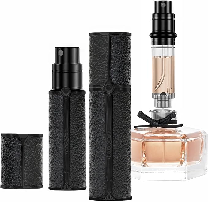 BF01BKB Leather Perfume Bottle 10ml – Bottom-Fill Refillable Dispenser, Leak-Proof & Portable for Men & Women, Ideal for Travel, Gifting & Daily Use (BKB)