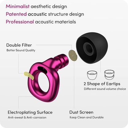 Audree Style Ear Plugs for Noise Reduction, Reusable High Fidelity Earplugs for Concerts, Musicians, Motorcycles, Study, Parent, Party, Flights & Sensitivity, 18-29dB Cancelling, Purple