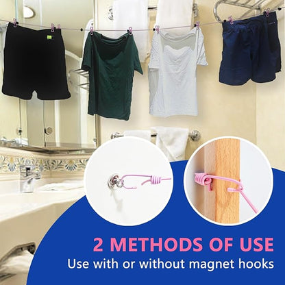 Magnetic Retractable Clothes Line for Cabin - Approved 2025 Cruise Essentials - Drying Rack Travel Clothesline with Clothespins -4 Cruise Luggage Tags- Strong Magnets Hooks (Pink)
