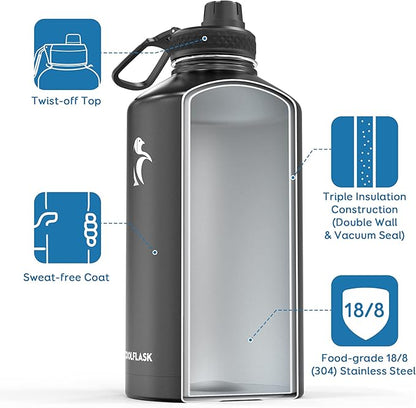 Coolflask Gallon Water Bottle Insulated with Straw&3 Lids, 128 oz Water Jug Large Stainless Steel Metal Vacuum Wide Mouth for Sports, Gym or Office, Non-BPA Keep Cold 48H Hot 24H, Magic Black