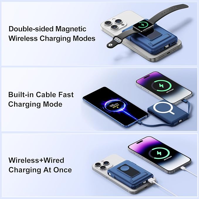 Vexnara for Magsafe Battery Pack, 10000mAh Power Bank for iPhone with Built-in Cables, 20W Fast Charging Magnetic Wireless Portable Charger with Stand for iPhone 17/16/15/14/13/12/Apple Watch Series