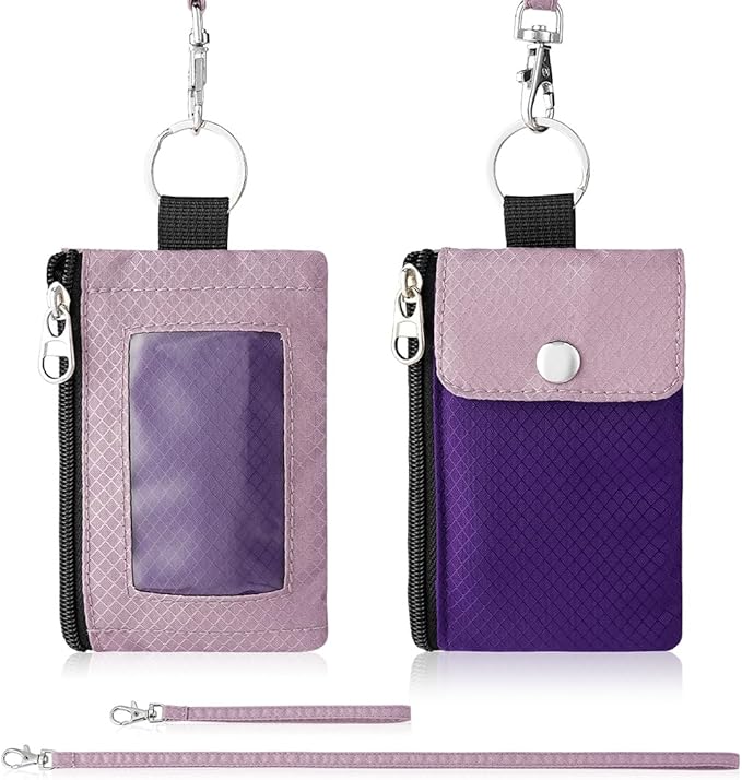 Minimalist Wallet For Mens Womens, Keychain RFID Blocking Zipper Small Wallet with ID Window 2 Lanyards,Water Resistant Travel Cash Card Coin Case Boys Girls