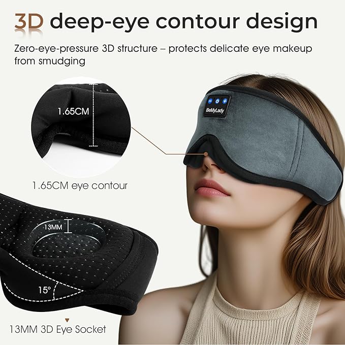 Sleep mask Headphones,100% Blackout 3D Zero Eye Pressure Bluetooth Sleep mask Breathable Eye mask with Bluetooth Headphones Sleep Headphones for Side Sleepers, 14H Playtime&Bluetooth 5.4 Grey