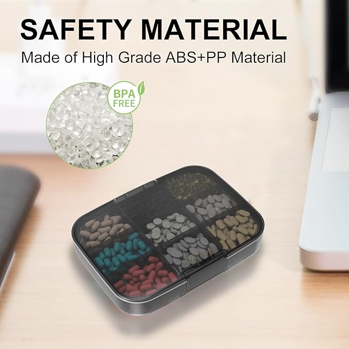 Restree Large Pill Organizer, Moisture Proof & Waterproof Travel Pill Case, Portable Medication Box with Adjustable Dividers for Vitamins Supplements Fish Oil and Daily Pills 9 Compartments (Black)