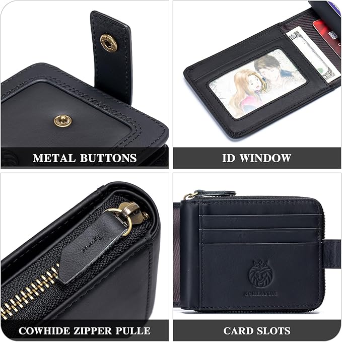Genuine Leather Zipper Wallet for Men RFID Blocking Large Capacity Classic Wallet with Coin Pocket ID Window, Black