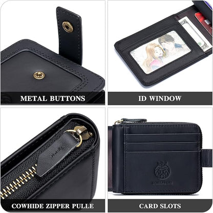 Genuine Leather Zipper Wallet for Men RFID Blocking Large Capacity Classic Wallet with Coin Pocket ID Window, Black