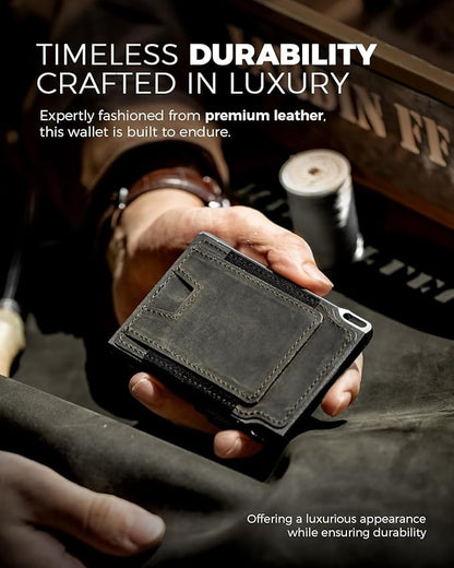 LORZOR Slim Tactical Wallet for Men- Minimalist Full Grain Leather Wallet for 12 Cards, RFID Blocking Aluminum Cardholder, Smart Pop Up Card Case, Front Pocket, Money Clip, Gift for Men(ArmyGreen)