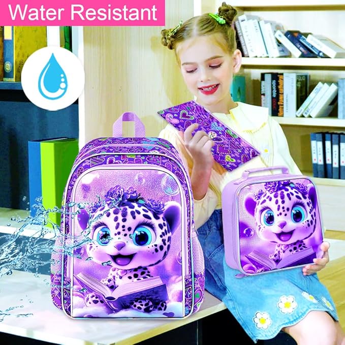 WZLVO 3PCS Kids Leopard Bookbag for Girls, 16" Glittery UV Printing Girls Backpack/School Bag with Lunch Box & Pencil Bag for Preschool to Elementary - Reading Leopard Purple