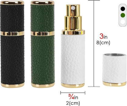 LUEXBOX 3 Pack Portable Perfume Bottle for Travel, Mini Refillable Perfume Dispenser, 5ml Faux Leather Leak Proof Perfume Atomizers Bottles Sprayer for Pocket Perfume (Black, White, Green)