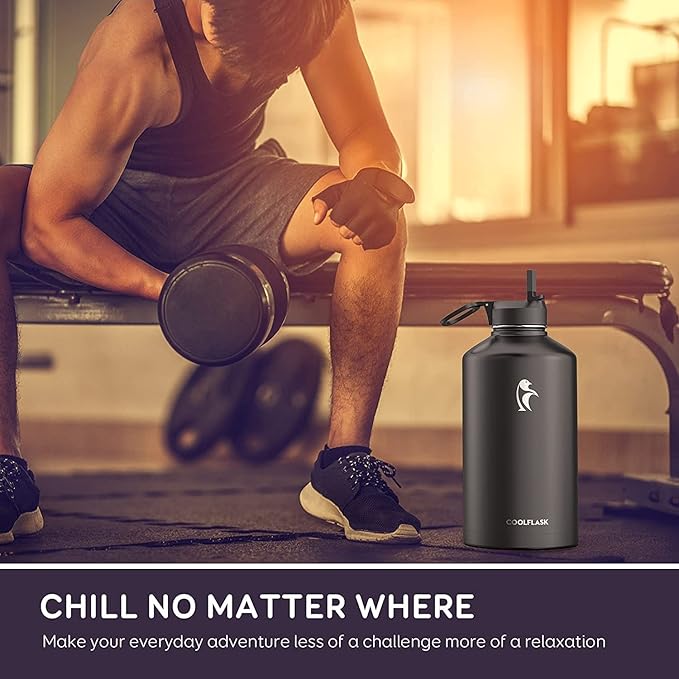 Coolflask Gallon Water Bottle Insulated with Straw&3 Lids, 128 oz Water Jug Large Stainless Steel Metal Vacuum Wide Mouth for Sports, Gym or Office, Non-BPA Keep Cold 48H Hot 24H, Magic Black
