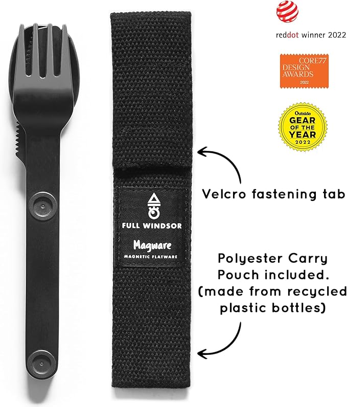 FULL WINDSOR - MAGWARE Magnetic Camping Cutlery Set - Travel Utensils for Camping, Cooking, and Outdoor Dining - Knife, Fork & Spoon - Portable Silverware with Pouch for Backpacking - Black (3 PCS)