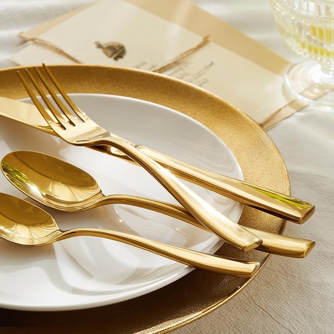 HIKAA Forged Silverware Set Stainless Steel Flatware Set,Service for 4,Matte Satin Polished Cutlery Set,Dishwasher Safe (Gold, 20PCS)