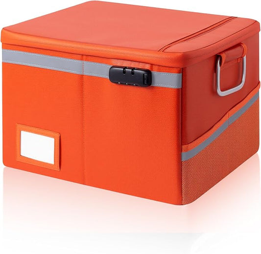 Fireproof Document Box,Portable File Organizer with Lock,Water-Resistant Document Organizer Collapsible File Cabinets for Home Office Safe Storage Box for Hanging Letter/Legal Folders-Orange