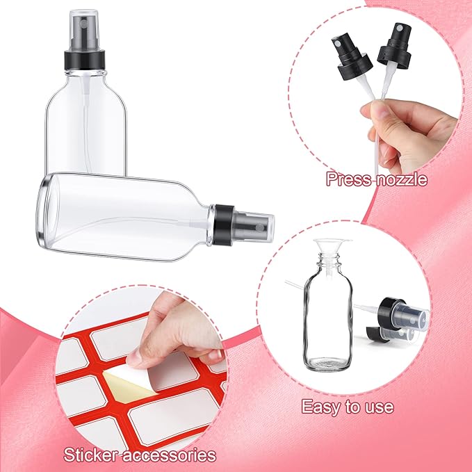 Fumete 36 Pcs Glass Spray Bottles 4oz Fine Mist Glass Spray Bottle Refillable Liquid Containers with 6 Labels 6 Funnel for Hair Travel Plants Cleaning Solutions Skin Care(Clear,Classic)