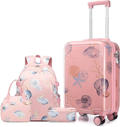 Somago 4 Piece Kid's Luggage with Backpack Set for Boys Girls Spinner 18" Hardside PC Rolling Carry on Suitcase with TSA Lock (Seashell Pink)