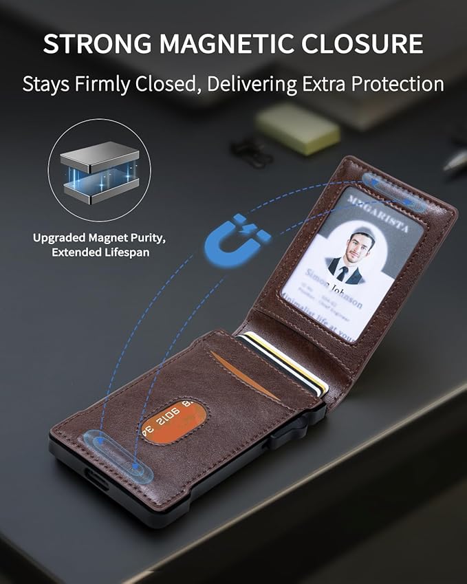 MNGARISTA Wallet for Men,Slim Minimalist Bifold Wallet with RFID Blocking,Pop-Up Credit Card Holder with ID Window & Money Clip,Magnetic Flip Metal Wallet for 11-13 Cards,Gifts for Men-Brown