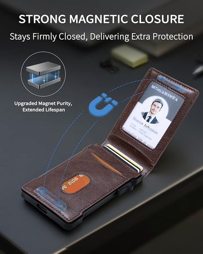 MNGARISTA Wallet for Men,Slim Minimalist Bifold Wallet with RFID Blocking,Pop-Up Credit Card Holder with ID Window & Money Clip,Magnetic Flip Metal Wallet for 11-13 Cards,Gifts for Men-Brown