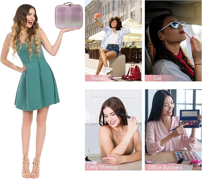 Travel Makeup Bag Makeup Cosmetic Train Case Organizer Portable Storage Bag with Adjustable Dividers for Cosmetics Makeup Brushes Toiletry Jewelry Colored Crocodile Pattern