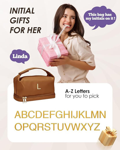 Birthday Gifts for 13 14 15 16 17 18 Year Old Girls Gifts, Personalized Makeup Bag with Handle, Initial Double Layer Cosmetic Bag with Makeup Brush Organizer, Cute Cosmetic Pouch for Women