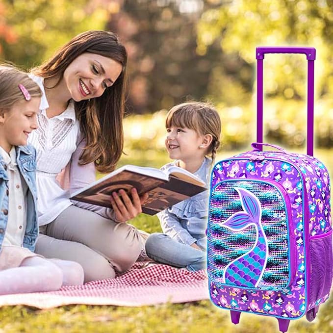 AGSDON Kids Suitcase for Girls, Cute Mermaid Rolling Luggage Wheels for Children Toddler
