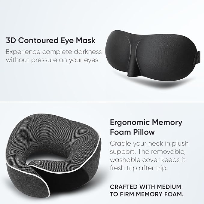 Proglobe Travel Neck Pillow 100% Memory Foam – Airplane & Car Travel Essentials Kit with 3D Eye Mask, Earplugs & Mesh Bag – Sleeping Support Pillow for Adults (Dark Grey)