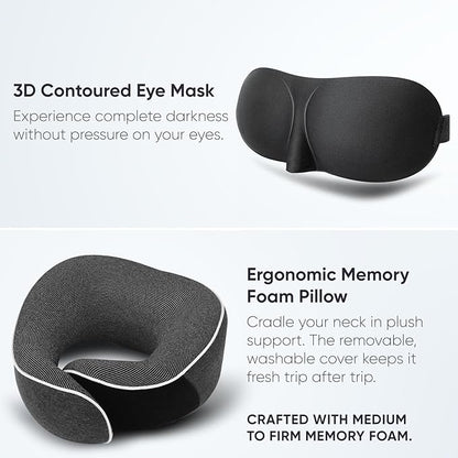 Proglobe Travel Neck Pillow 100% Memory Foam – Airplane & Car Travel Essentials Kit with 3D Eye Mask, Earplugs & Mesh Bag – Sleeping Support Pillow for Adults (Dark Grey)