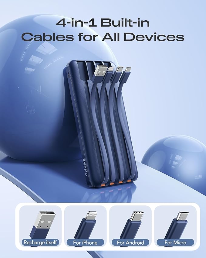 20000mAh Power Bank Fast Charging, Portable Charger with 4 Built-in Cables & 6 Outputs, 20W PD USB C Battery Pack Compatible with iPhone 16/15, Galaxy, Android, iPad & More (Travel Essential)