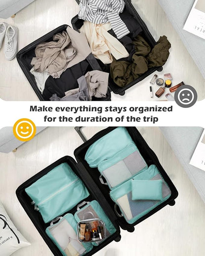 Gonex 8 Set Compression Packing Cubes for Travel, Expandable Mesh Packing Organizer for Travel Accessories Essentials with Toiletry Bag, Laundry Shoe Cable Bag for Suitcases, Grey Blue-green