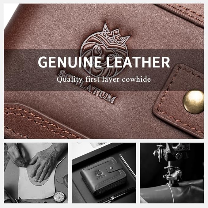 Genuine Leather Zipper Wallet for Men RFID Blocking Large Capacity Vintage Wallet with Coin Pocket ID Window, Coffee