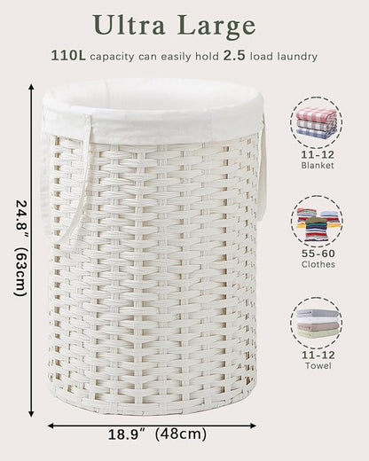Laundry Basket Round Rattan Laundry Hamper 29.1 Gal (110 L) Handwoven Large Wicker Basket with Handles, Wicker Hamper with Removable Bags and 2 Mesh Bags for Bathroom Living Room White