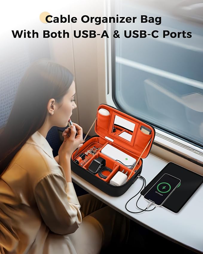 MATEIN Charger Cord Organizer with USB-C & USB-A Ports, Hardshell Cable Organizer Bag Cord Storage for Travel, Water Resistant 2-in-1 Electronics Case for Tech Accessories and Cosmetics, Black