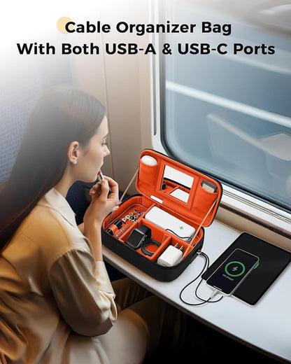 MATEIN Charger Cord Organizer with USB-C & USB-A Ports, Hardshell Cable Organizer Bag Cord Storage for Travel, Water Resistant 2-in-1 Electronics Case for Tech Accessories and Cosmetics, Black
