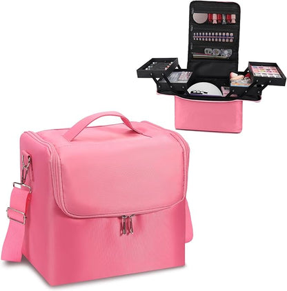 Deciniee Large Pink Makeup Nail Polish Organizer Bag, 4 Tier Professional Makeup Case, Waterproof Nylon, Travel/On-the-go Makeup Storage