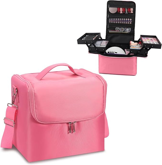Deciniee Large Pink Makeup Nail Polish Organizer Bag, 4 Tier Professional Makeup Case, Waterproof Nylon, Travel/On-the-go Makeup Storage