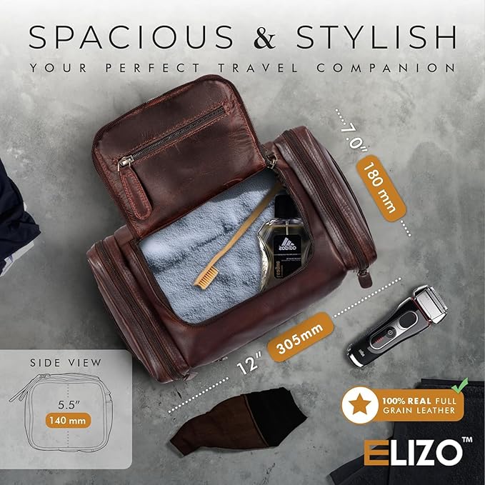 ELIZO Genuine Leather Toiletry Bag for Men Mens Toiletry Bags for Traveling Waterproof Hanging Leather Dopp Kit w/Hook Extra largeToiletry Bag Travel Organizer for Toiletries