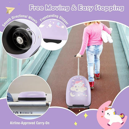 Goplus Kids Luggage, 16’’ Carry On Suitcase with Wheels, Waterproof Hard Shell, Lightweight Rolling Luggage for Travel, Birthday Christmas Gifts for Toddlers, Children, Boys, Girls (Purple-Unicorn)