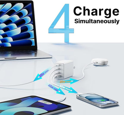 2 Pack 180W USB C Charger Block, Foldable 4-Port GaN Super Fast Charger USB C, Dual 65W Type C Charging Block, Laptop Fast Charging Adapter for MacBook Pro/Air, iPad, iPhone, Samsung Galaxy (White)