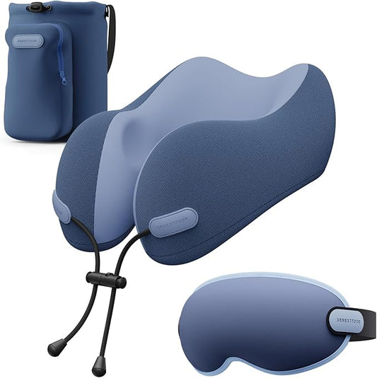 Neck Pillow for Travel Memory Foam Design Models Pillows with Zero Eye Pressure 3D Eye Mask and Compact Bag Traveling Essentials Plane Car Flight Rest Sleeping Use Adult, Blue