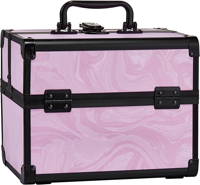 Makeup Train Case, Portable Makeup Case with Mirror, 2-Trays Cosmetic Organizer Case,Nail Polish Organizer, Travel Makeup Box, Profesional for Salon Barber, Pattern Black Pink