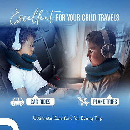 BCOZZY Kids Chin Supporting Travel Pillow for Ages 8–12- Patented Soft Neck Pillow for Head and Chin Support in Car Seat and Airplane. Comfortable Travel Essential. Small Size, Bag, Light Blue