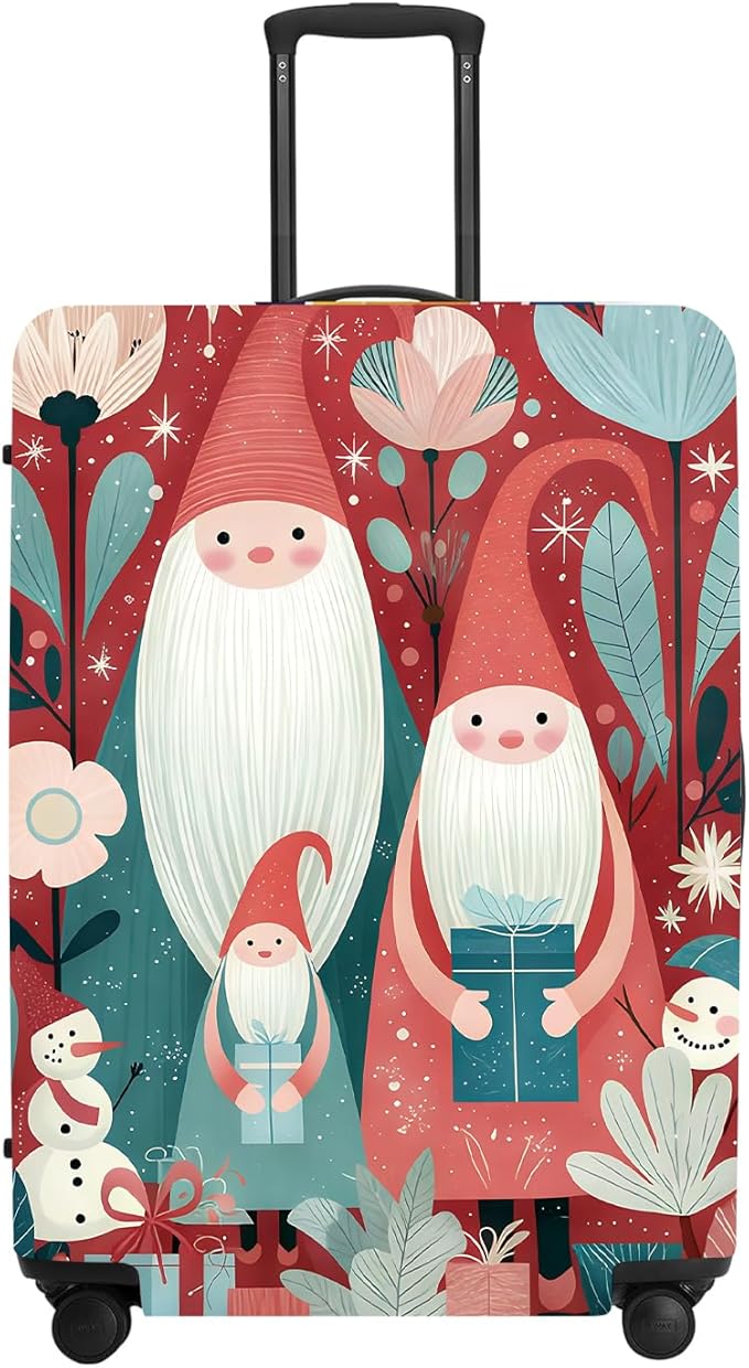Christmas Gnome Luggage Cover - Red Background with Santa's Helpers, Trees and Snowmen, Elastic Holiday Travel Case for 28 30 Inch Bag