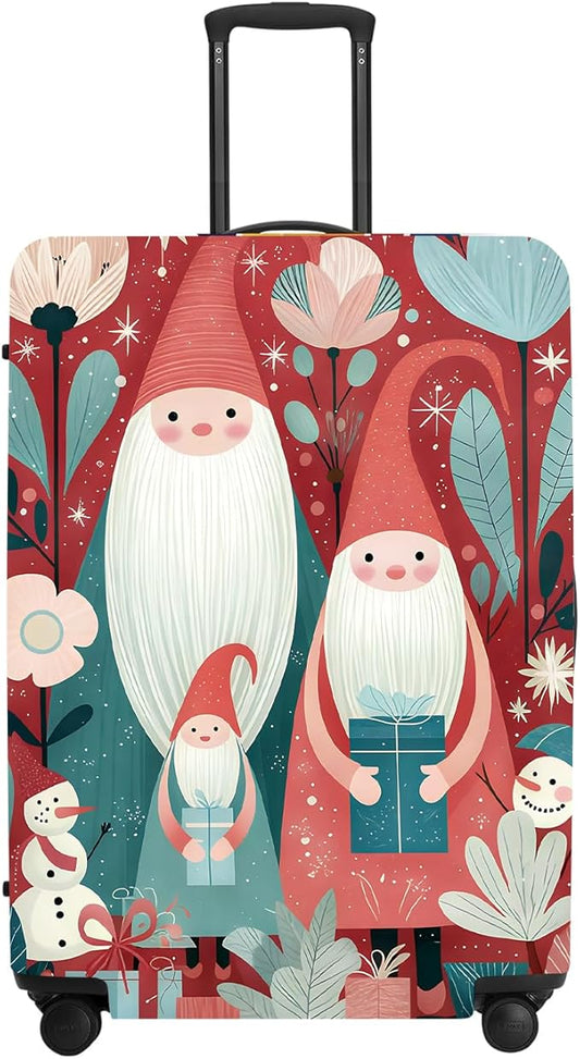 Christmas Gnome Luggage Cover - Red Background with Santa's Helpers, Trees and Snowmen, Elastic Holiday Travel Case for 28 30 Inch Bag