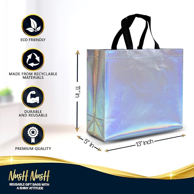 Nush Nush Set of 60 Large Iridescent Gift Bags in Bulk - Big Holographic Reusable Gift Bags With Black Handles - For Small Business, Gifting Events, Christmas, Birthdays - 13Wx5Dx11H Size