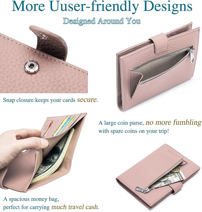 Leather RFID Slim Passport Holder for Travel Women – Passport Wallet for Men with Passport Cover & 3 Card Slots, Zippered Coin Pocket, Cash Holder – Travel Organizer Christmas Gift Box (Pink)