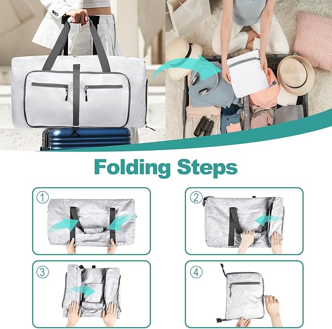Dimayar 40L Travel Duffle Bag for Men Women - Foldable Duffel Bag with Shoes Compartment - Overnight Bags Waterproof & Tear Resistant(White)